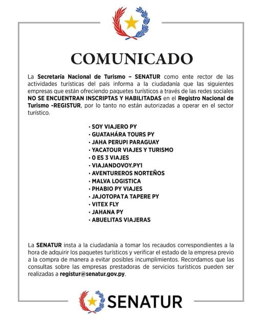 SENATUR ADVIERTE SOBRE EMPRESAS TURÍSTICAS NO HABILITADAS SENATUR ADVIERTE SOBRE EMPRESAS TURÍSTICAS NO HABILITADAS